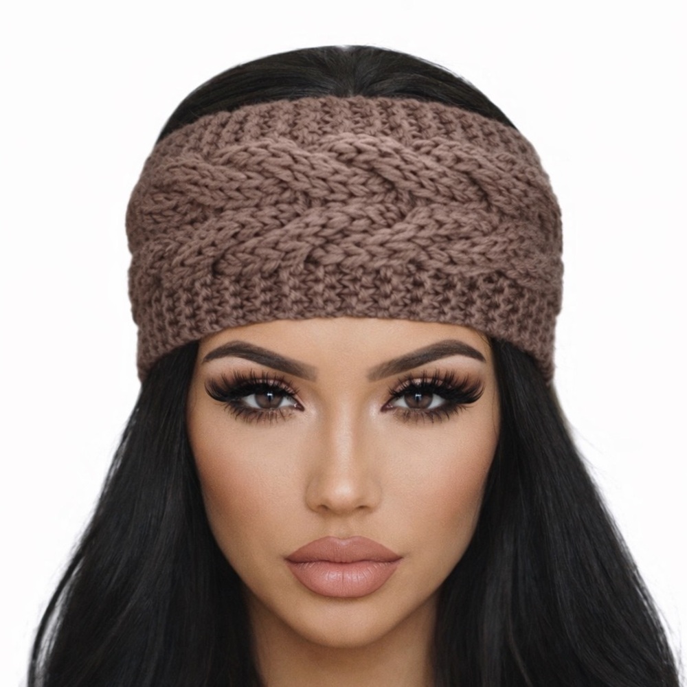Tan Cable Knit Headband Ear Warmer | Turban Twist Winter Crochet Headwrap